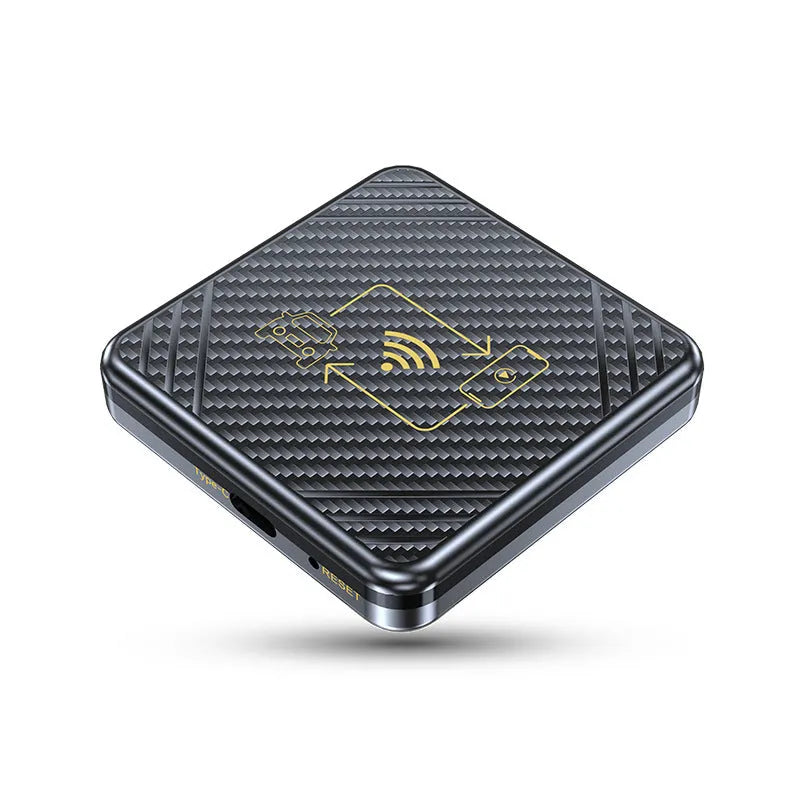 Wireless CarPlay and Android Auto smart box in gold or white ABS plastic housing with USB connector