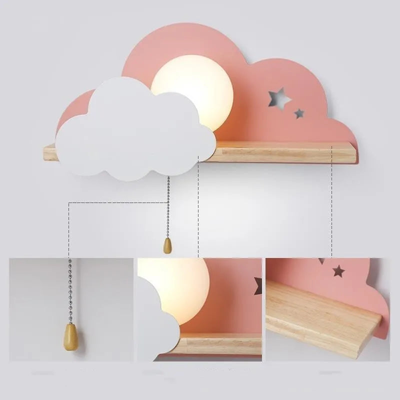 Glass cloud-shaped decorative wall lamp in grey, mounted beside a bed.