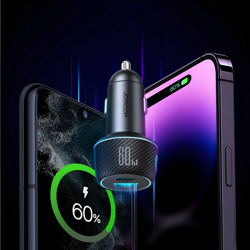 60W dual port button car charger with seven colour ambient light in black PC ABS fireproof material