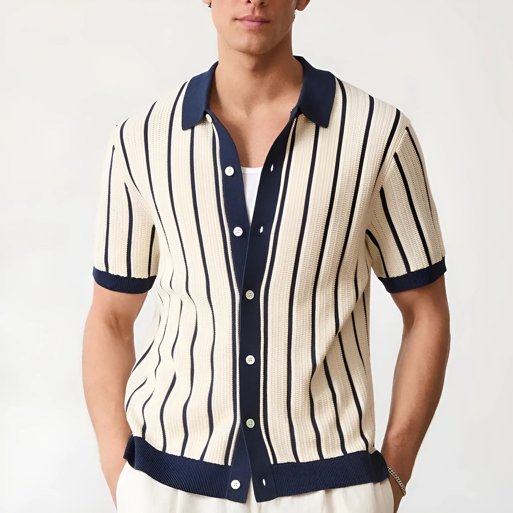 Men's white British style knitted short sleeve top with lapel and asymmetric stripes.