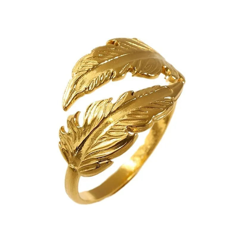 Adjustable stainless steel feather ring with electroplated silver or gold finish