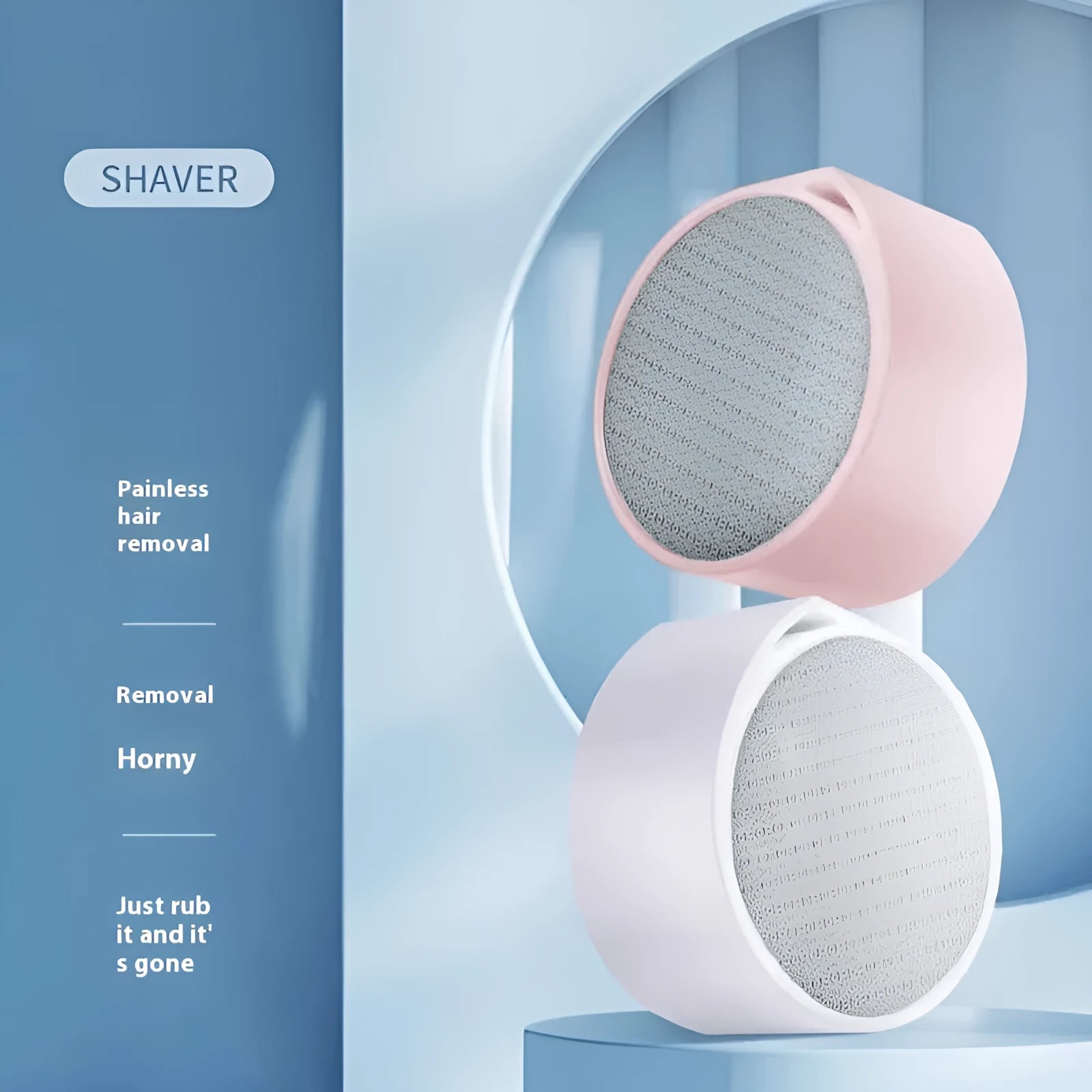 White nano glass 2-in-1 epilator and foot callus remover device on a blue background.