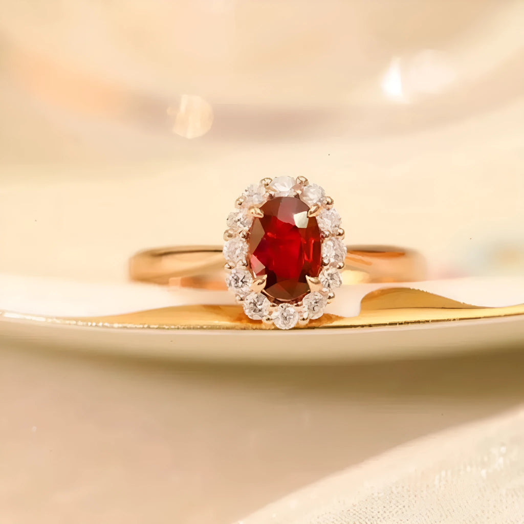 Gold Pigeon red blood gemstone sterling silver inlaid ring with floral pattern on silver-plated band