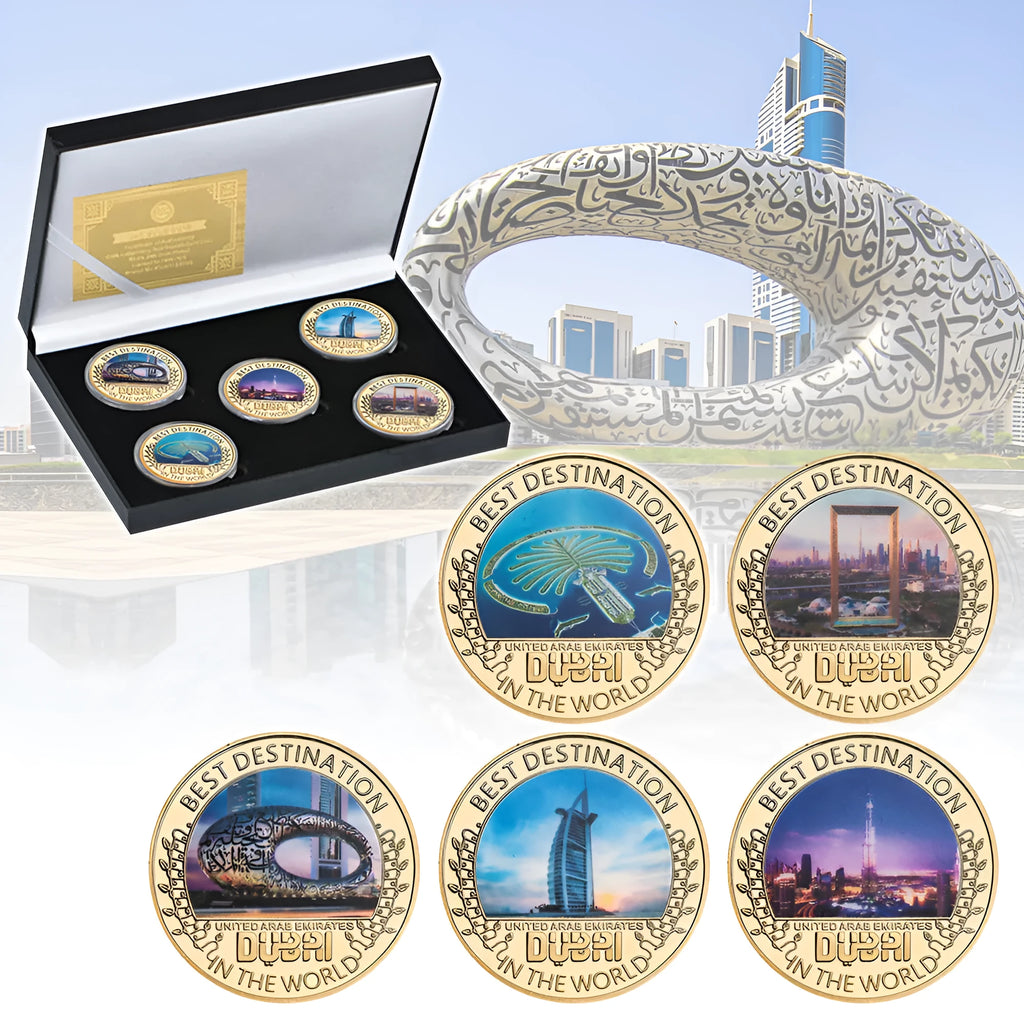 Five iron commemorative coins with Dubai building designs in a gift box