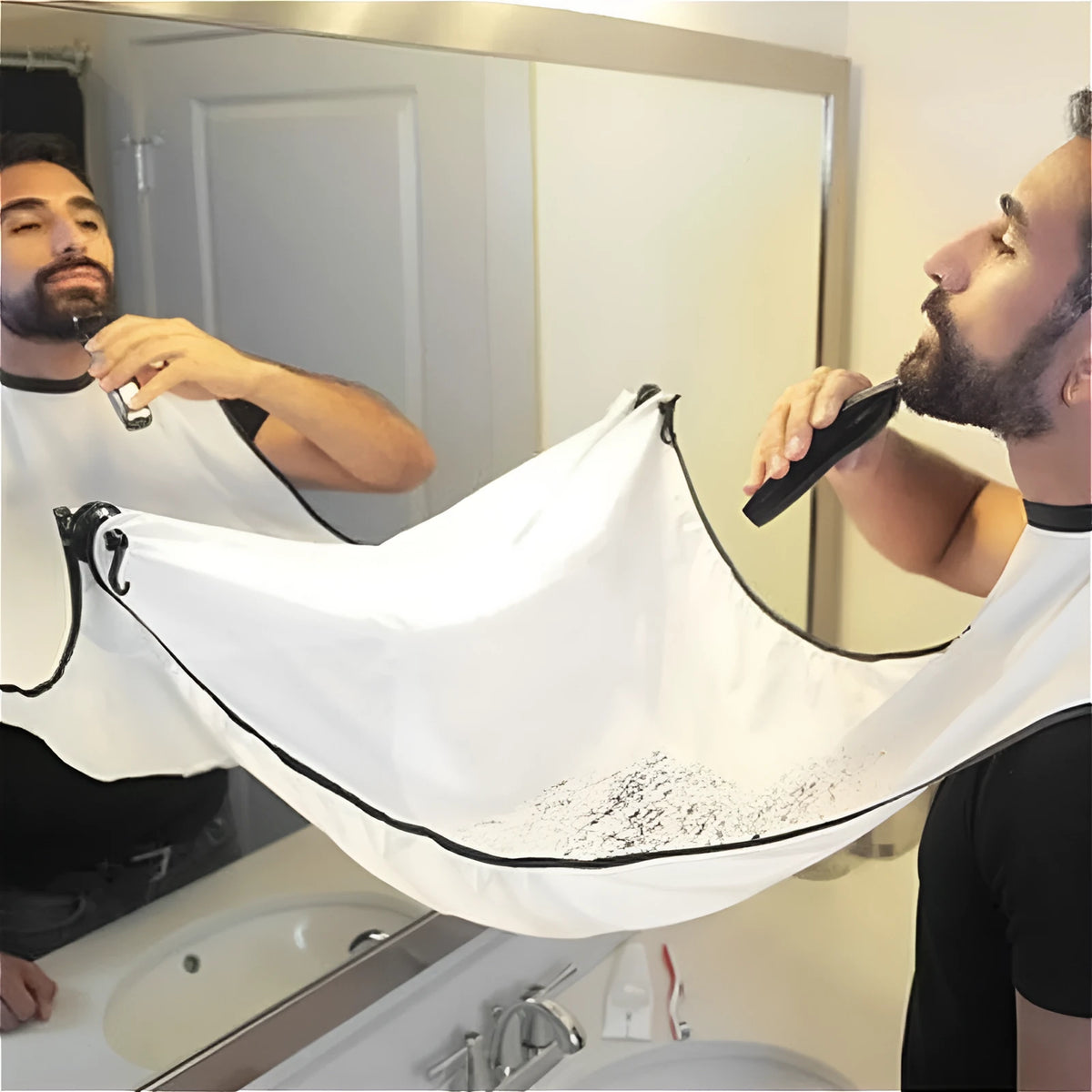 Polyester taff salon shaving apron, Black or White, 110x70cm, with suction cup and tool tray