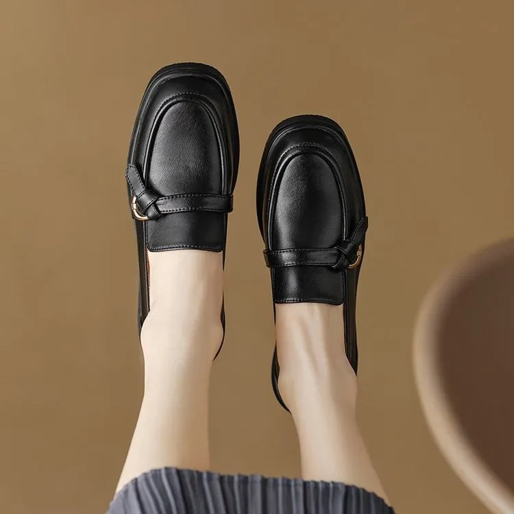 Autumn winter round toe low heel slip-on women's shoes in black with tassels and rubber sole
