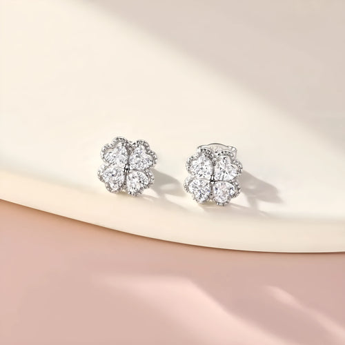 Zeng Yin women's 925 silver heart and four-leaf clover earrings with zircon stones in white gold colour.