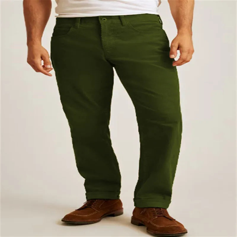 Corduroy straight-leg casual trousers in solid colours with mid waist and zip fly
