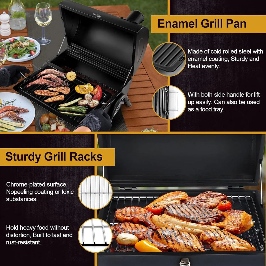 Small black folding desktop charcoal barbecue grill with temperature control knob