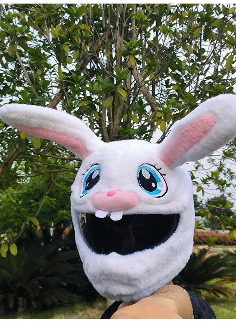 White rabbit head helmet cover for electric motorcycles with long ears and plush material