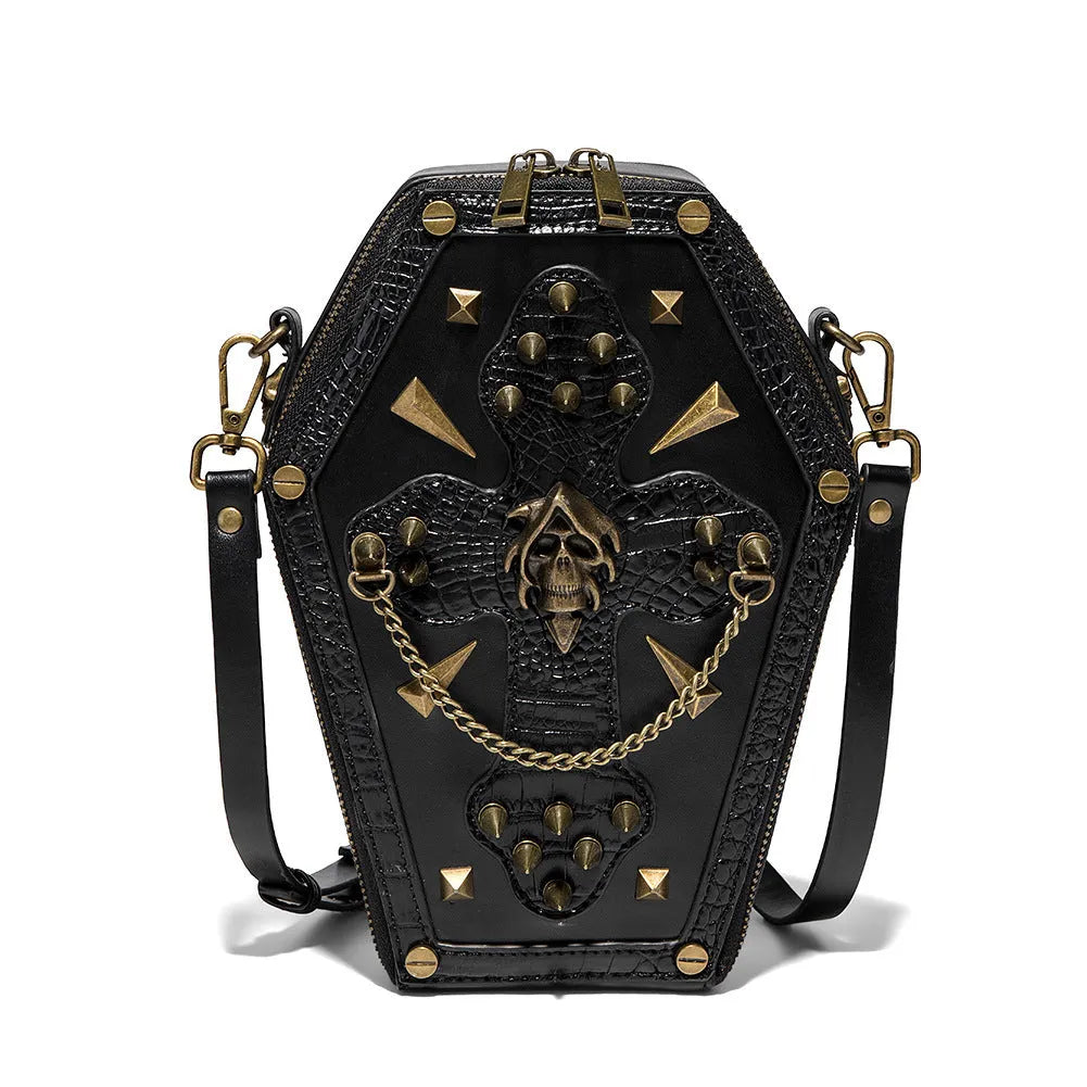 Men's black embossed Halloween messenger bag with three-dimensional pockets showing crossbody strap and structured shell shape