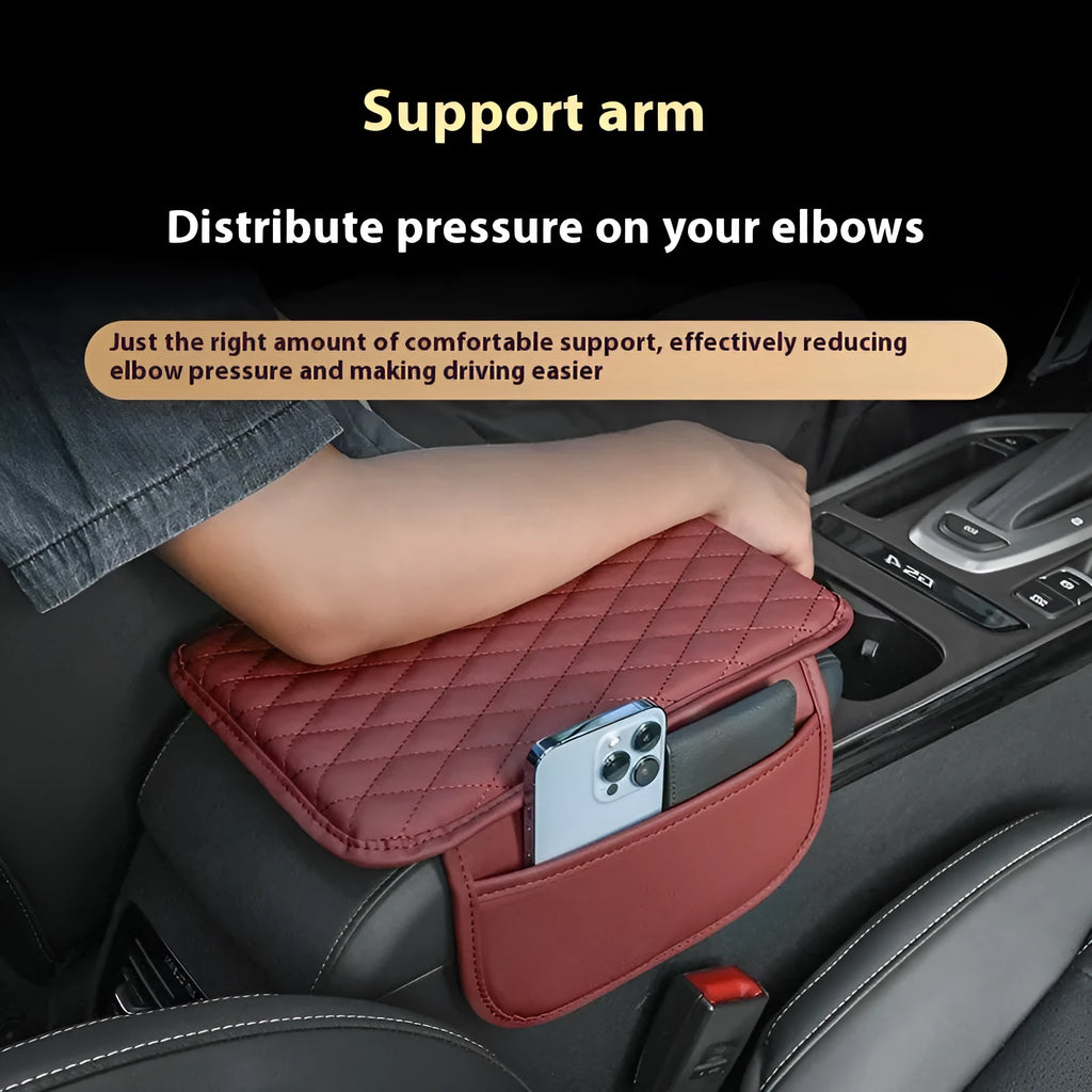 Universal leather car armrest box mat 30.8cm by 20cm with thin side pocket in beige, black, gray, brown, or red