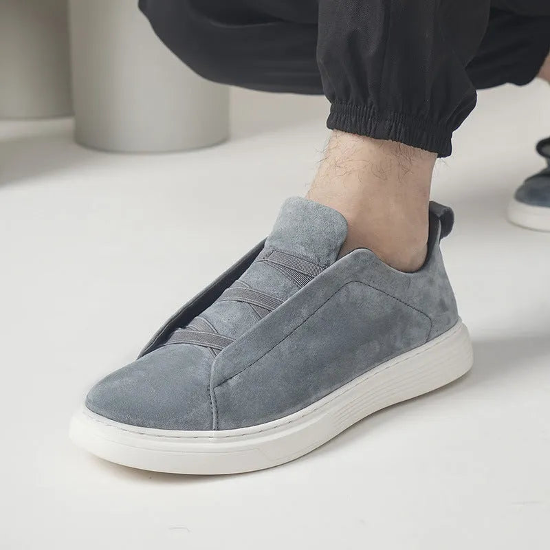 Men's elastic no-tie casual sneakers top pigskin leather upper rubber sole low top round toe solid colour flat heel shallow mouth size 37-46