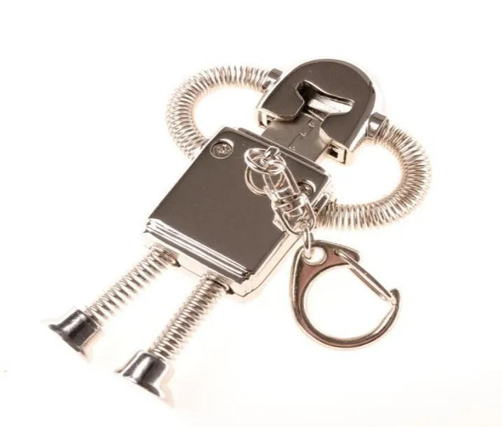 Metal robot U disk in silver with spring-extended USB connector on a white background