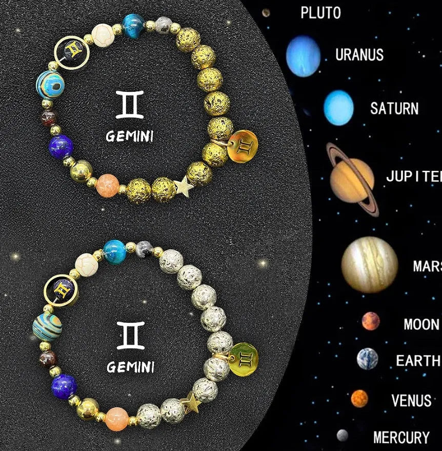 Two natural stone beaded bracelets with metal zodiac sign charms laid flat.