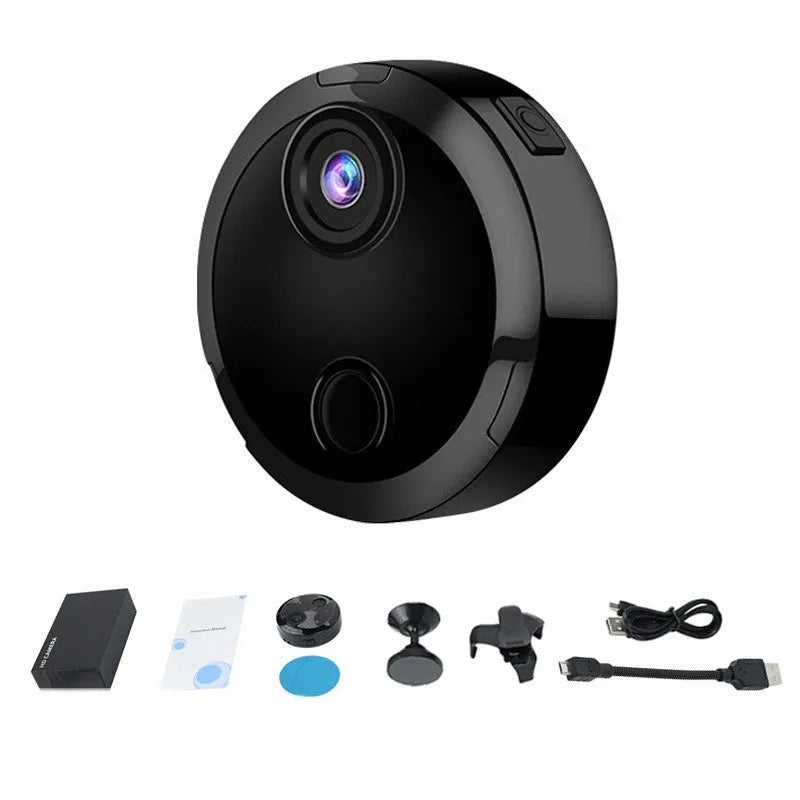 HDQ15 home security camera with bracket and back clip on a white background showing its compact 45x45x13mm size