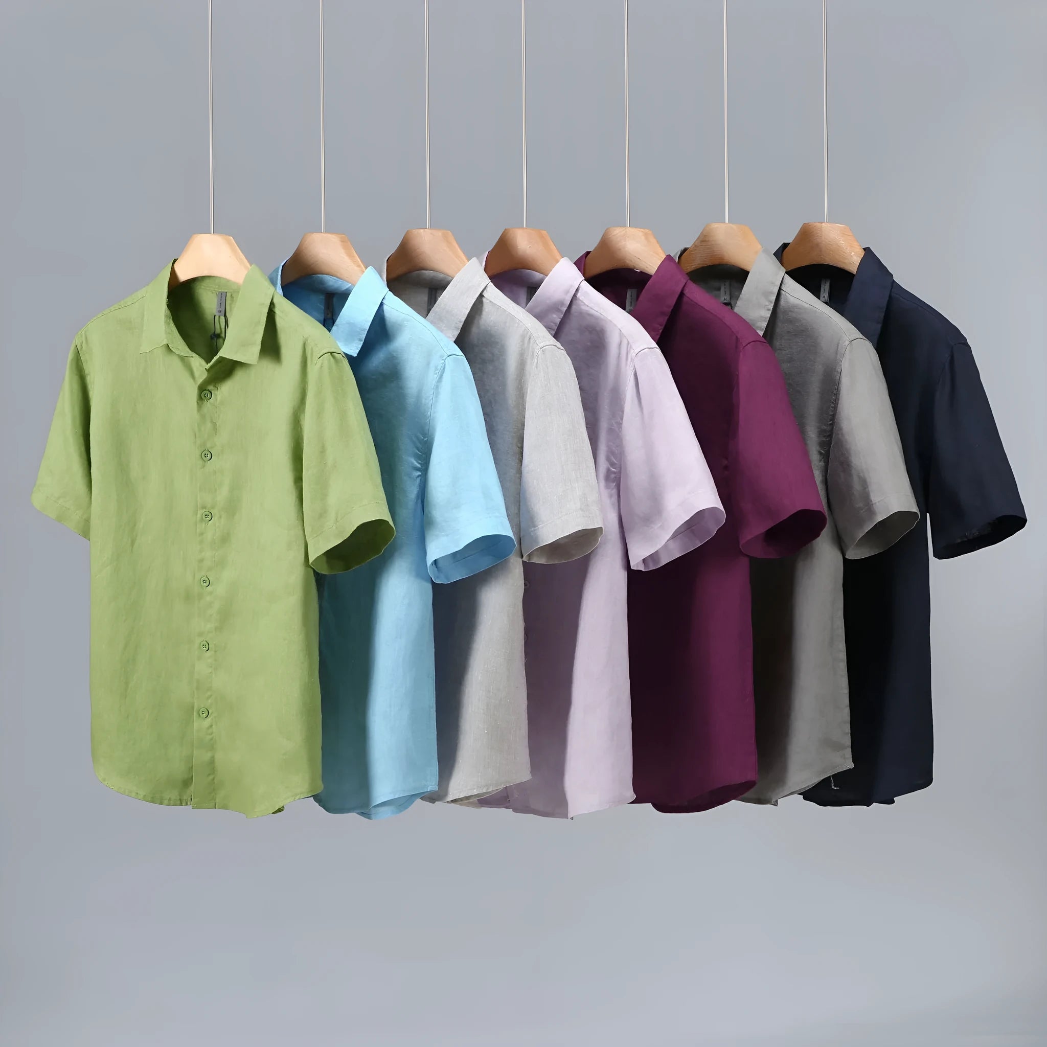 Men's casual short-sleeved linen shirt in regular cut available in seven colours including apricot, dark blue, and purple