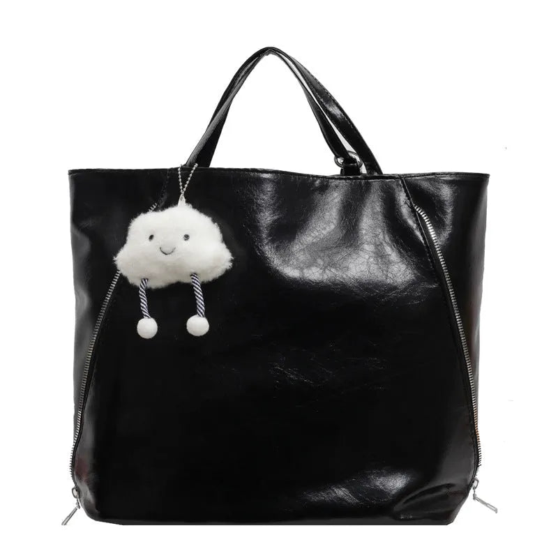 Large capacity women's tote bag in oil leather PU finish with double zipper, available in multiple colours