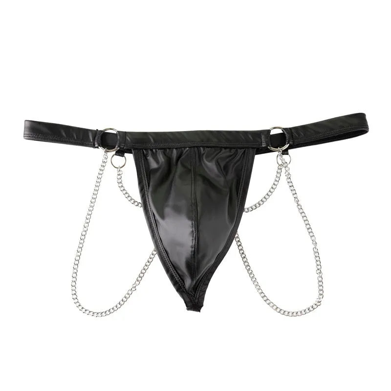 Black patent leather men's thong shorts with a metal chain pack detail on the front.