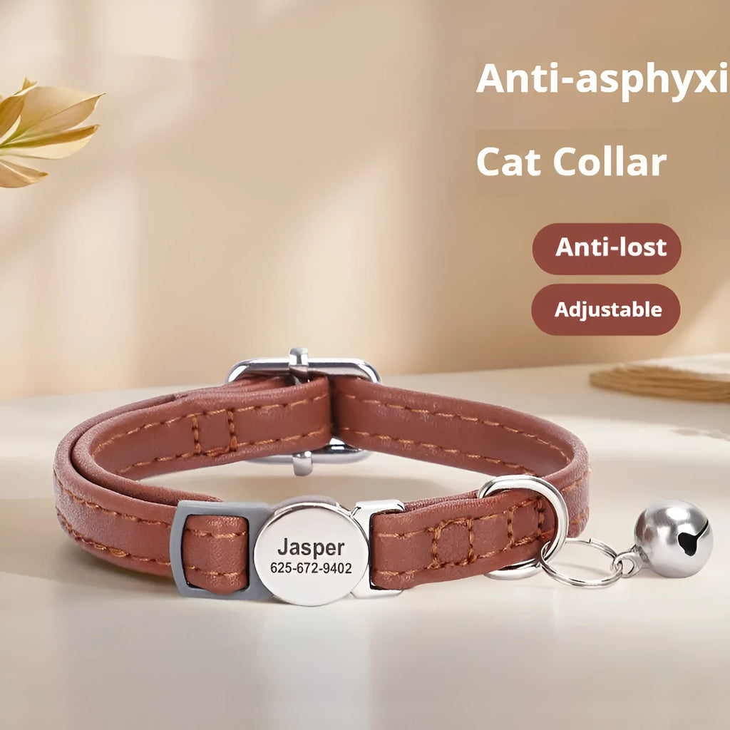 Engraved leather cat collar with alloy buckle in brown colour for small cats and dogs