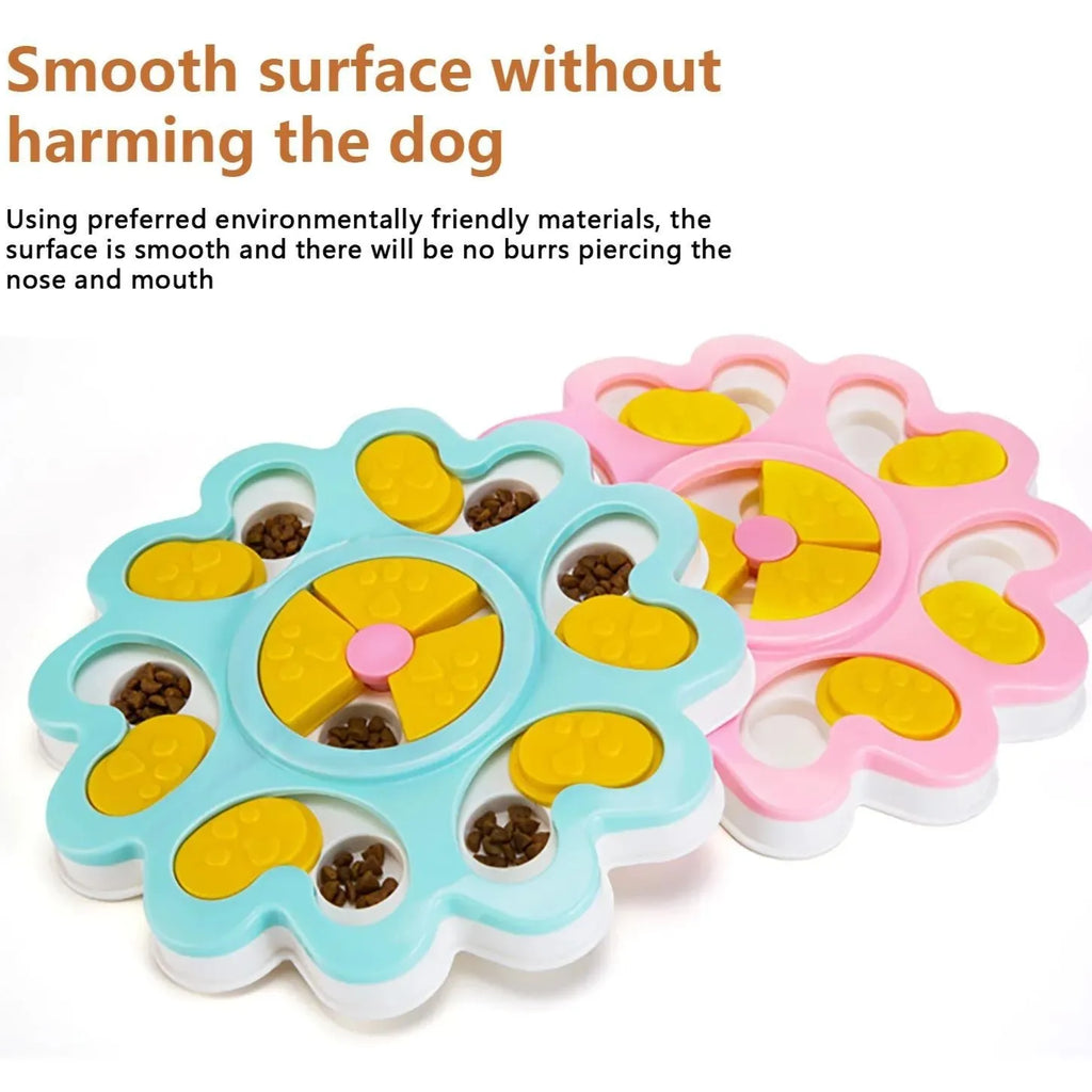 Flower-shaped blue dog puzzle slow feeder bowl with multiple food compartments on non-slip base