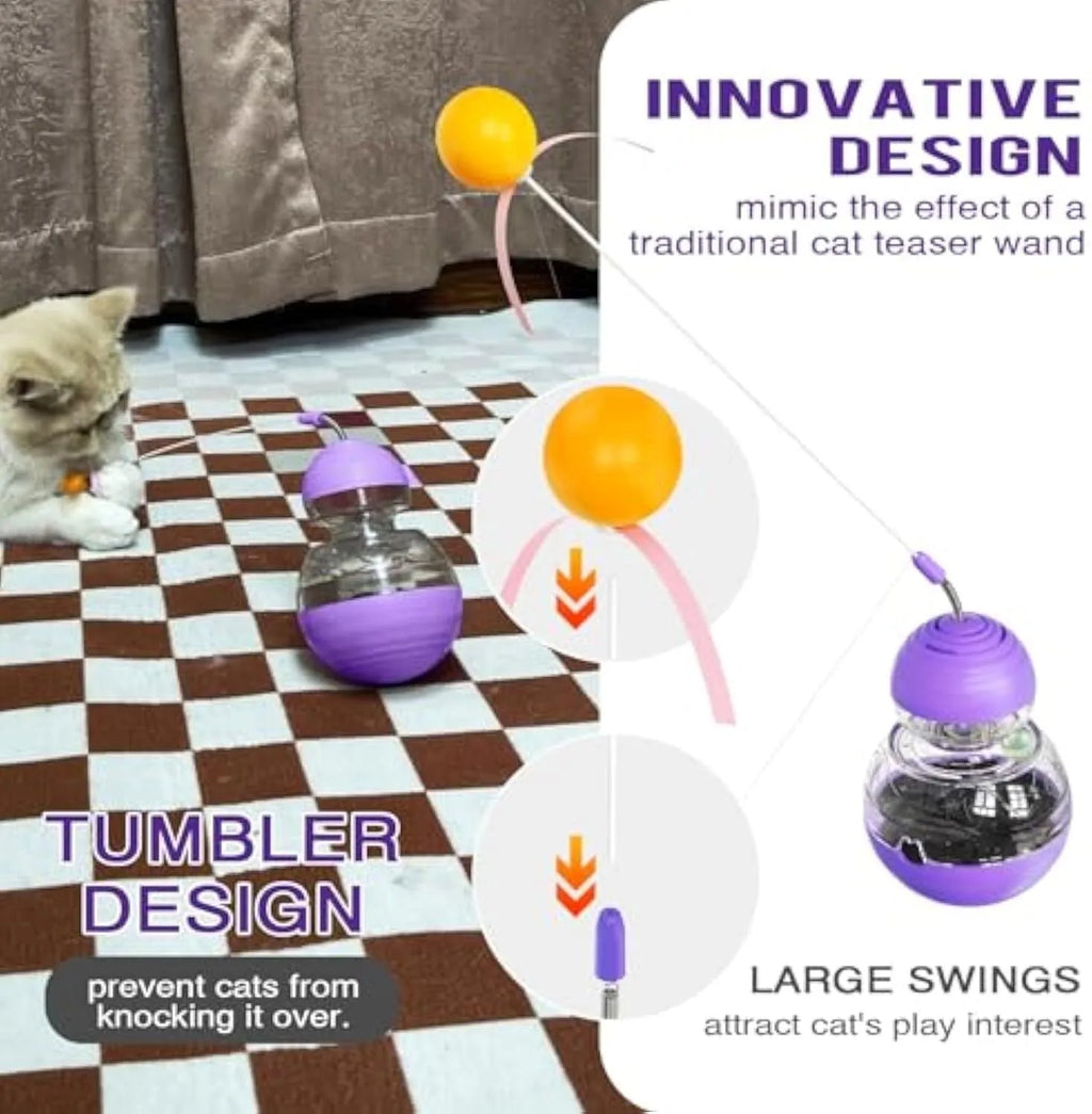 Interactive cat wand toy with slow feeder, showing bouncing ball on elastic stick and colourful rugby barbell design on yellow base.