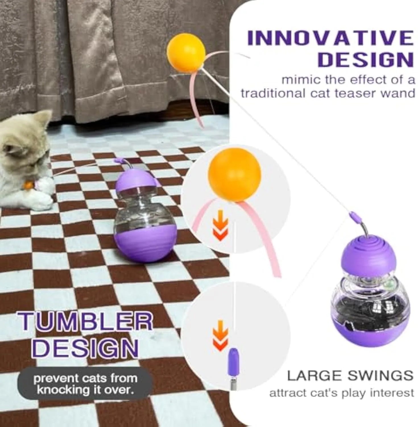 Interactive cat wand toy with slow feeder, showing bouncing ball on elastic stick and colourful rugby barbell design on yellow base.