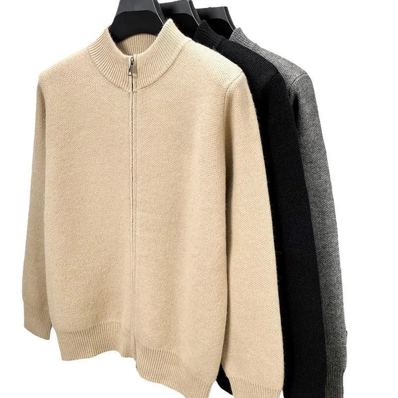 Men's black stand collar knitted cardigan with front zipper in loose fit
