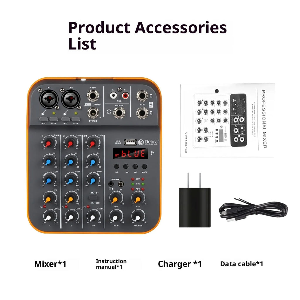 Compact plastic audio mixer with reverb and USB interface, D4M standard, 26 x 22.5 x 8 cm, picture colour