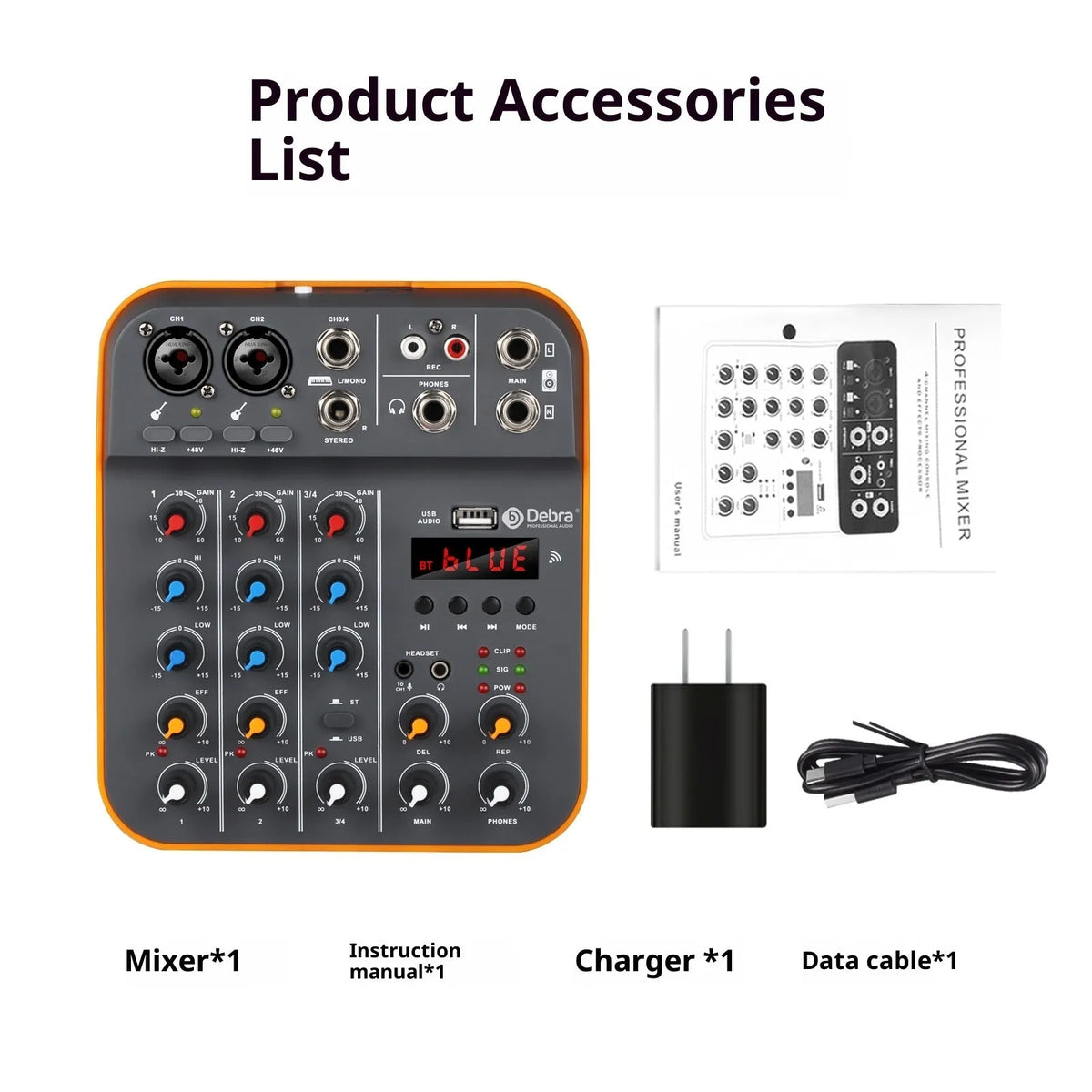 Compact plastic audio mixer with reverb and USB interface, D4M standard, 26 x 22.5 x 8 cm, picture colour