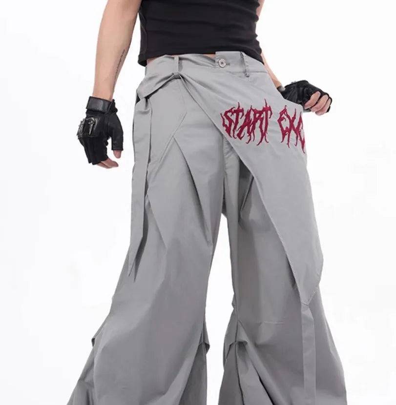 Korean style wide-leg function pants for boys in black solid colour with relaxed fit