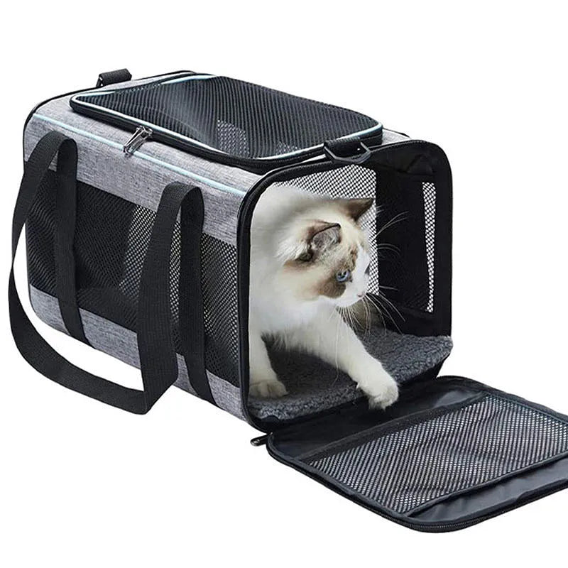 Universal Oxford fabric pet bag for dogs and cats, shown in grey with blue edge colour option