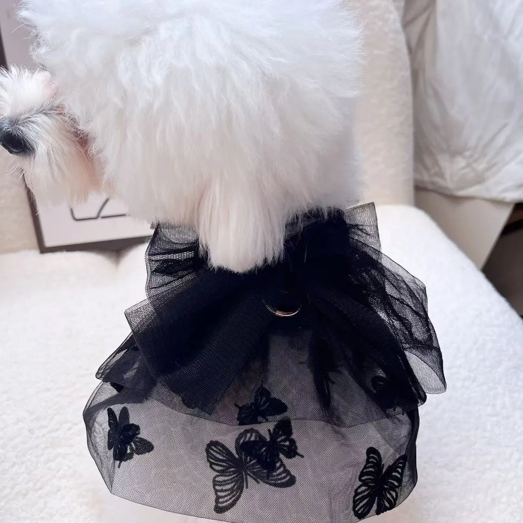 Black layered tulle princess skirt on a small dog, showing elastic waistband and tiered design.