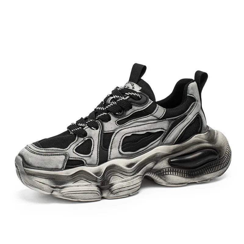 Men's black mesh sneakers with platform heel, lace-up front, and rubber sole for sports and casual height increase.