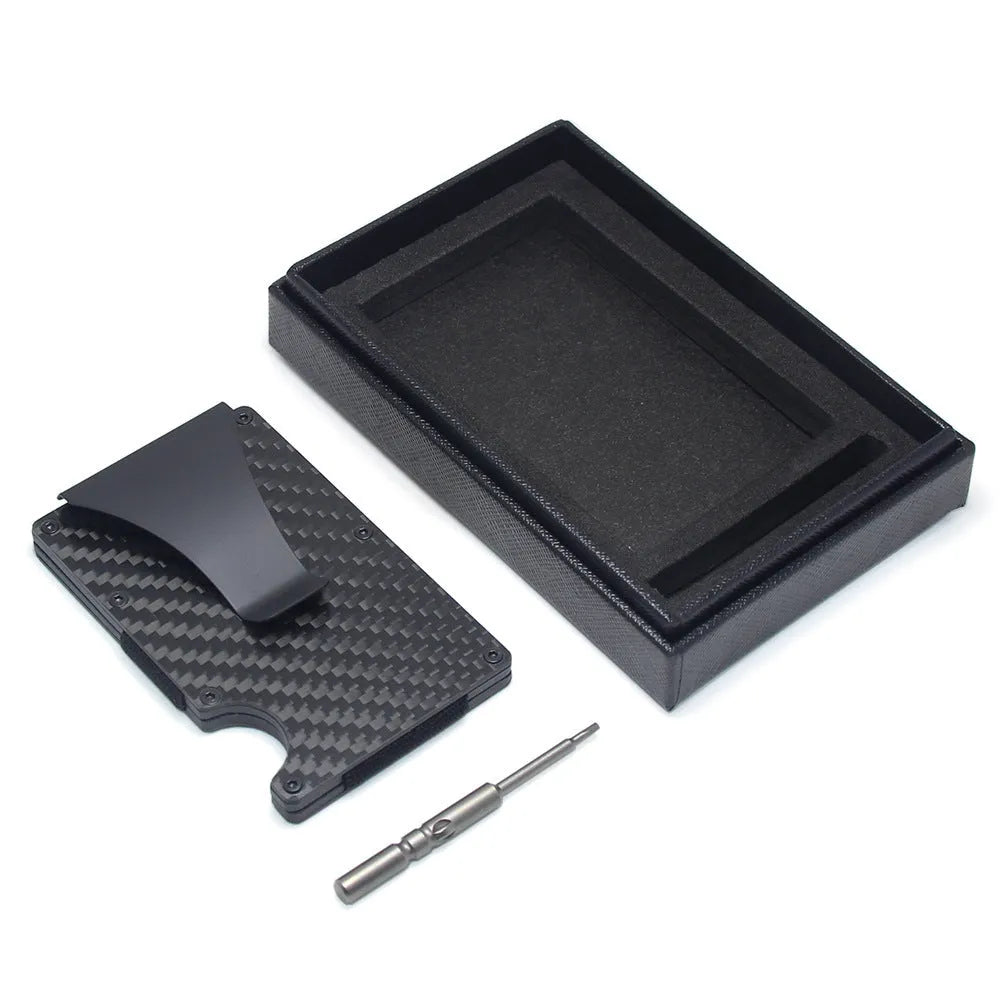 CH6600 geometric card holder in black carbon fibre, showing slim 8mm profile and card slots.