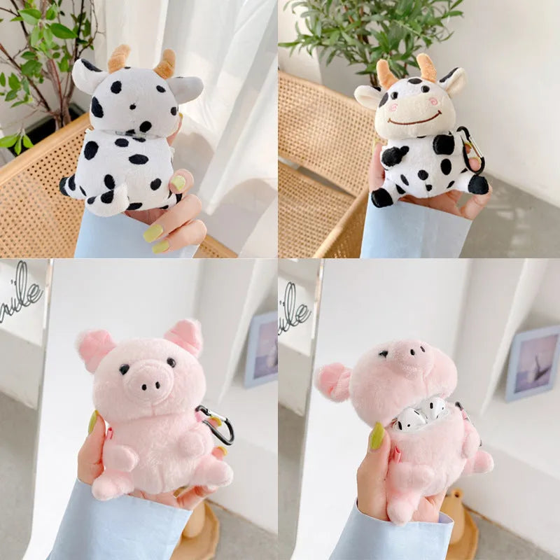 Pink pig cartoon plush earphone case for Apple AirPods 1 2, PC protective back cover