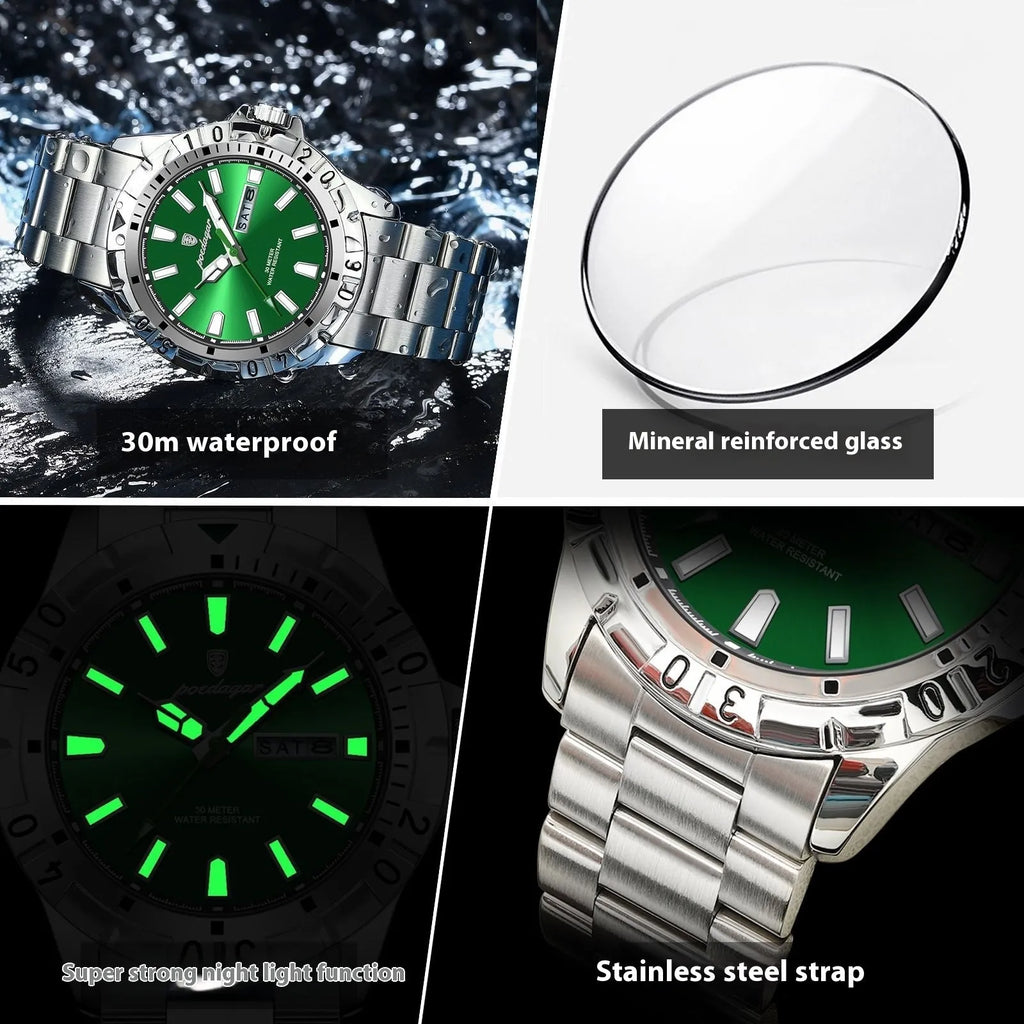 Men's waterproof luminous watch with 6mm thin case and steel belt strap in silver, gold, or black.