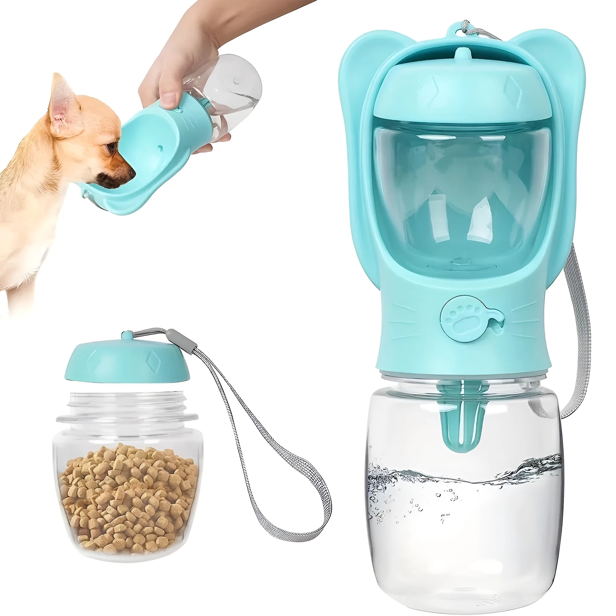 2-in-1 portable dog water bottle with food container, leak-proof, 350ml, green, on hiking trail