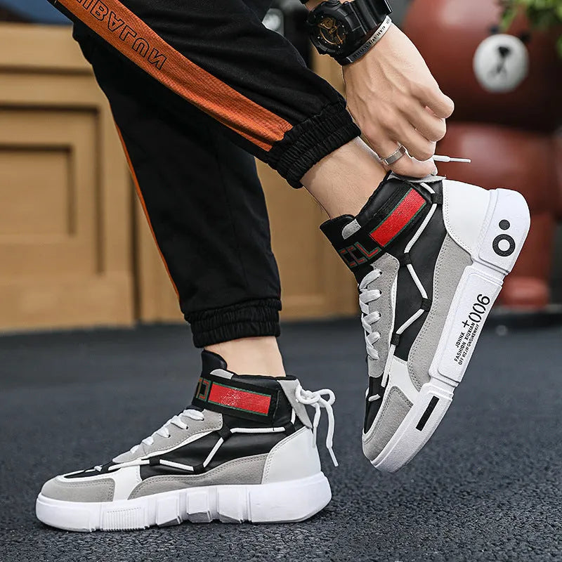 Men's high-top casual sports shoes in white grey or black and red, artificial PU upper, rubber sole, sizes 39-44