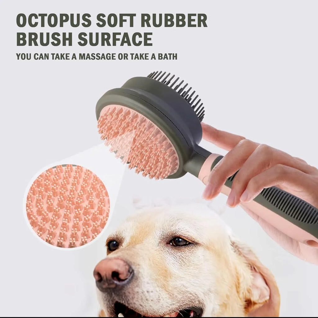 Green and pink double sided cat grooming brush with release button and flea comb on a white background.