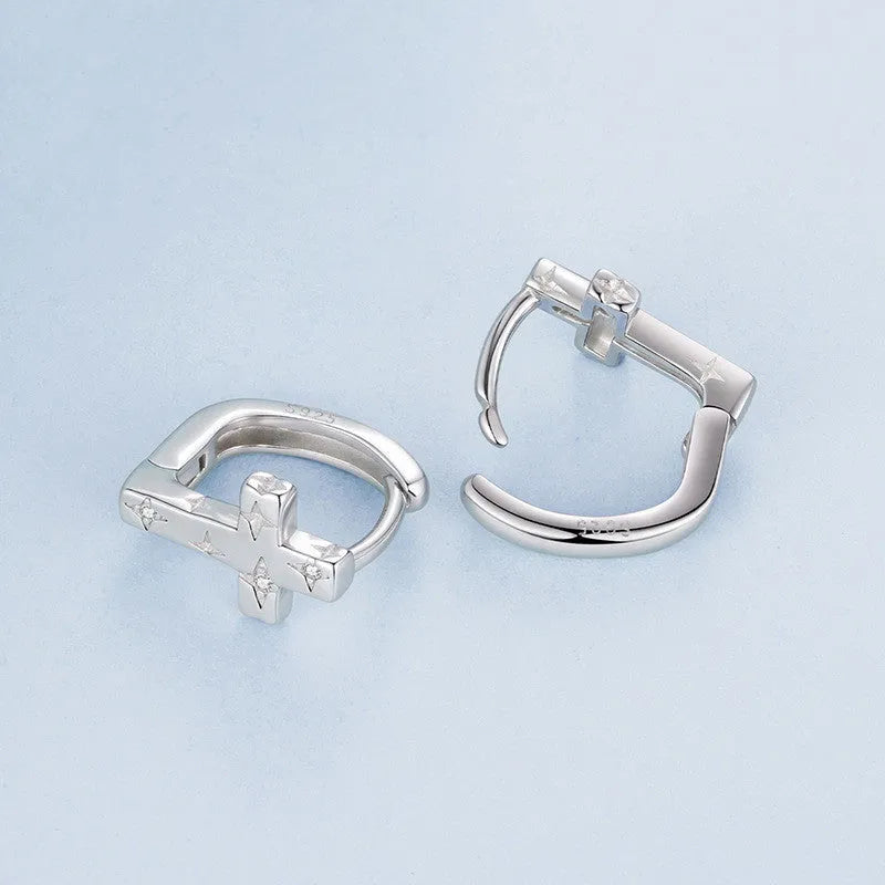 S925 sterling silver star cross ear clip for women, clip-on non-piercing design, European American style