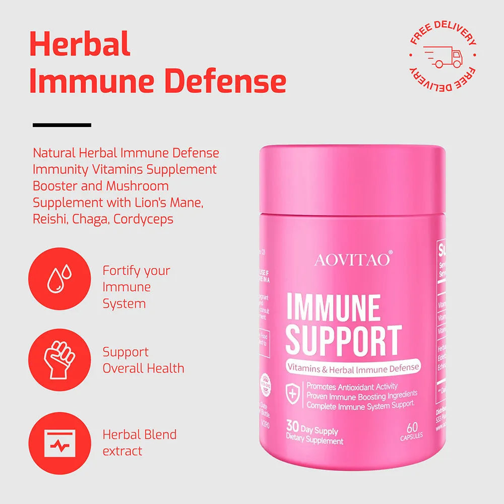 AOVITAO Natural Herbal Immune Defence Supplement bottle with mushrooms and herbs, 60 capsules