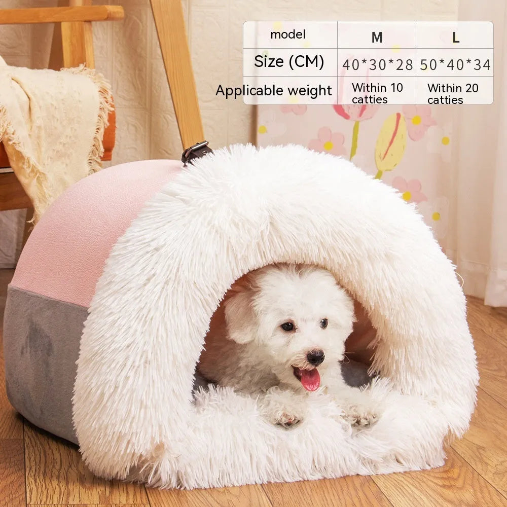 Splice portable pet nest in brown with semi-enclosed hood, soft plush fabric, M size