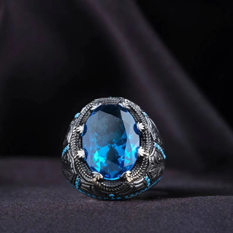 Grandmother geometric blue zircon alloy ring in antique silver finish showing detailed design