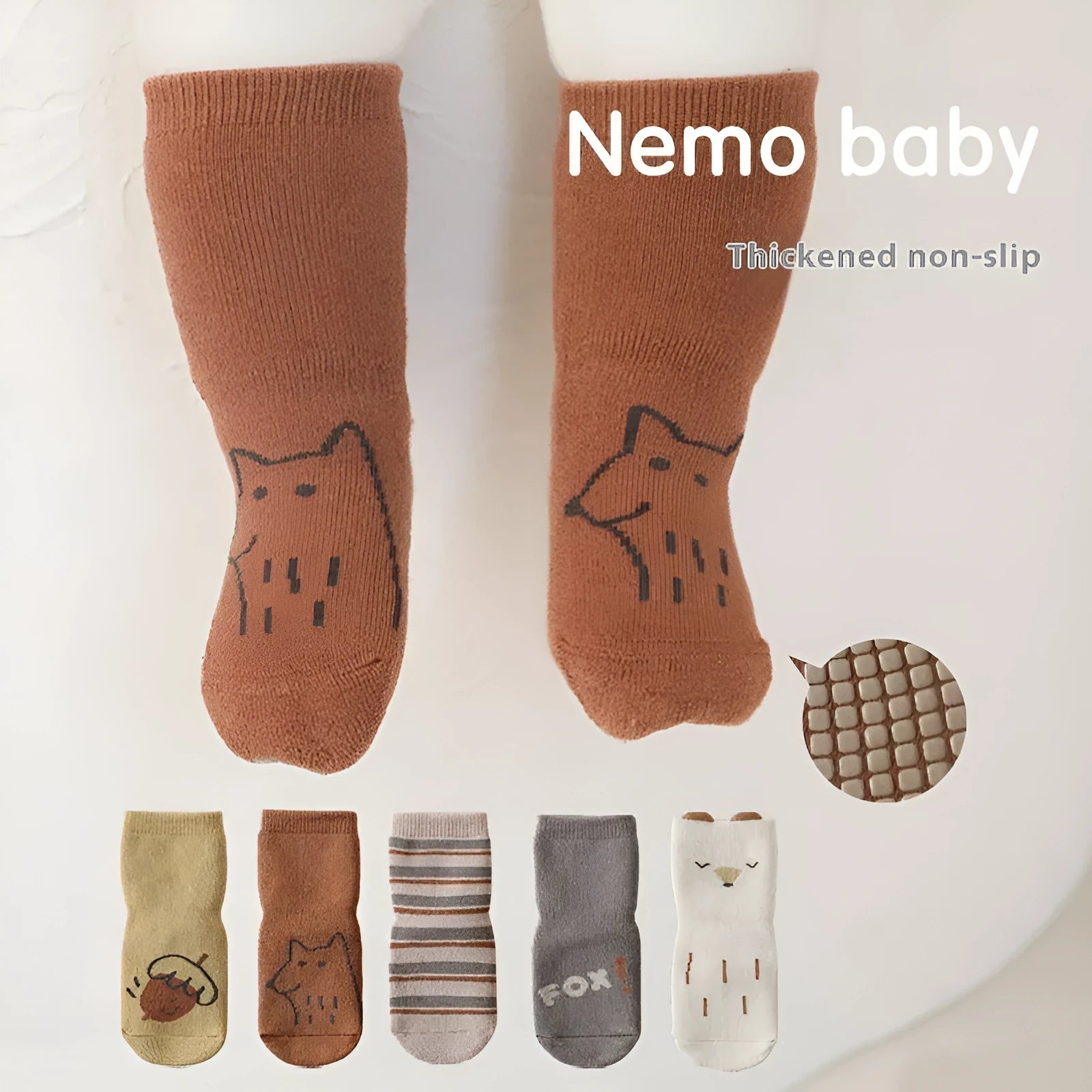 New baby floor loose leg cute cartoon toddler socks in apricot white fox colour, cotton thickening design for autumn winter