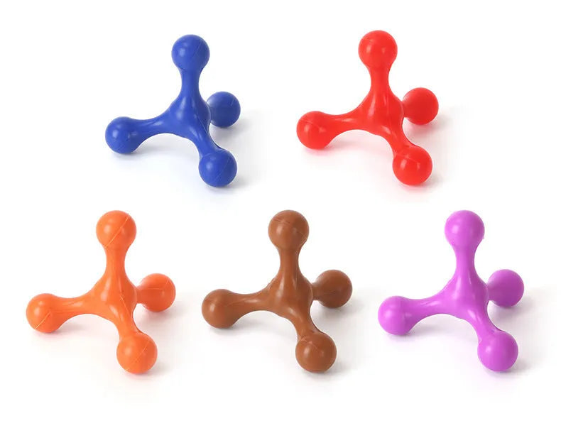 Blue silicone dog chew toy with three legs on a white background.