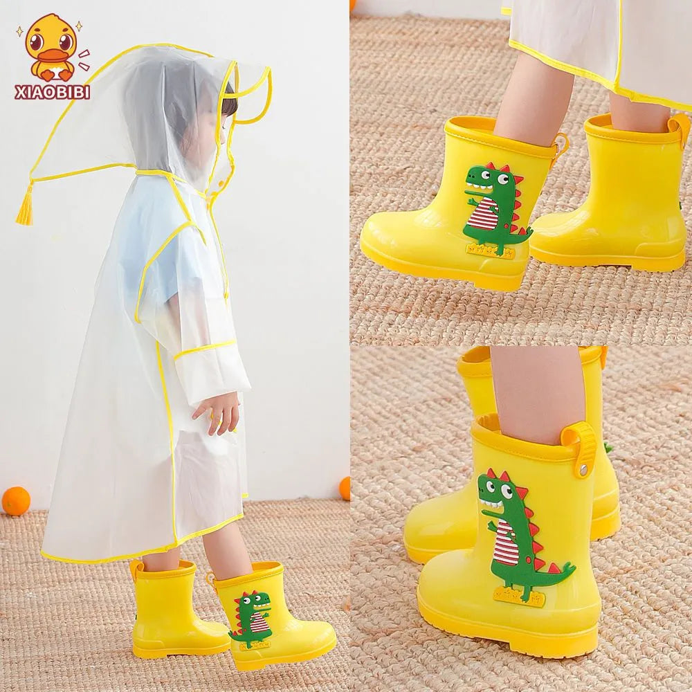 Children's non-slip low-top rain boots with cartoon dinosaur design in pink, yellow, and blue, PVC material, inner length 14-20cm