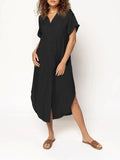A loose-fitting mid-length casual dress with a button-down front, shown in a solid colour.
