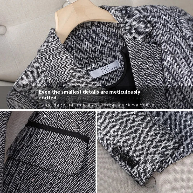 Women's Korean-style houndstooth blazer in coffee colour, long sleeve, polyester fabric, front view