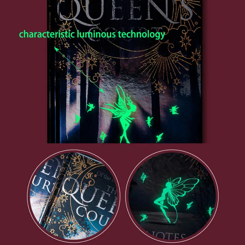 Blue A5 luminous hardcover notebook open to show full-colour illustrated pages.